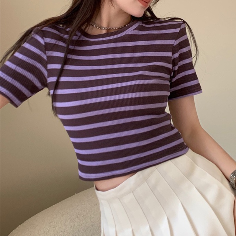 IELGY  Áo sweater Dáng Ôm Họa Tiết Kẻ Sọc Phong Cách Hàn Quốc Thời Trang Cho Nữ