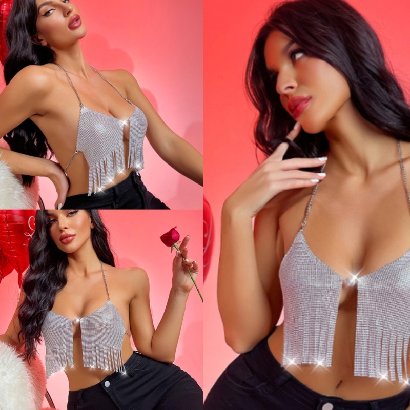 Oneri Áo Croptop Dây Xích Kim Loại Hở Lưng Phối Tua Rua Dự Tiệc Đêm