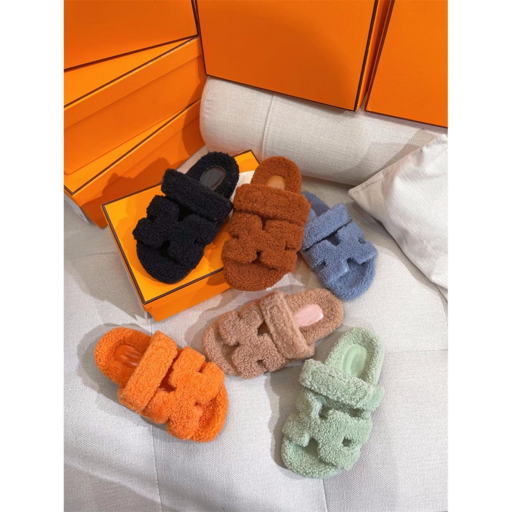 HTY0 Hermès spring 2023 new suede Teddy wool sheep fur integrated wool slippers lamb wool second uncle slippers