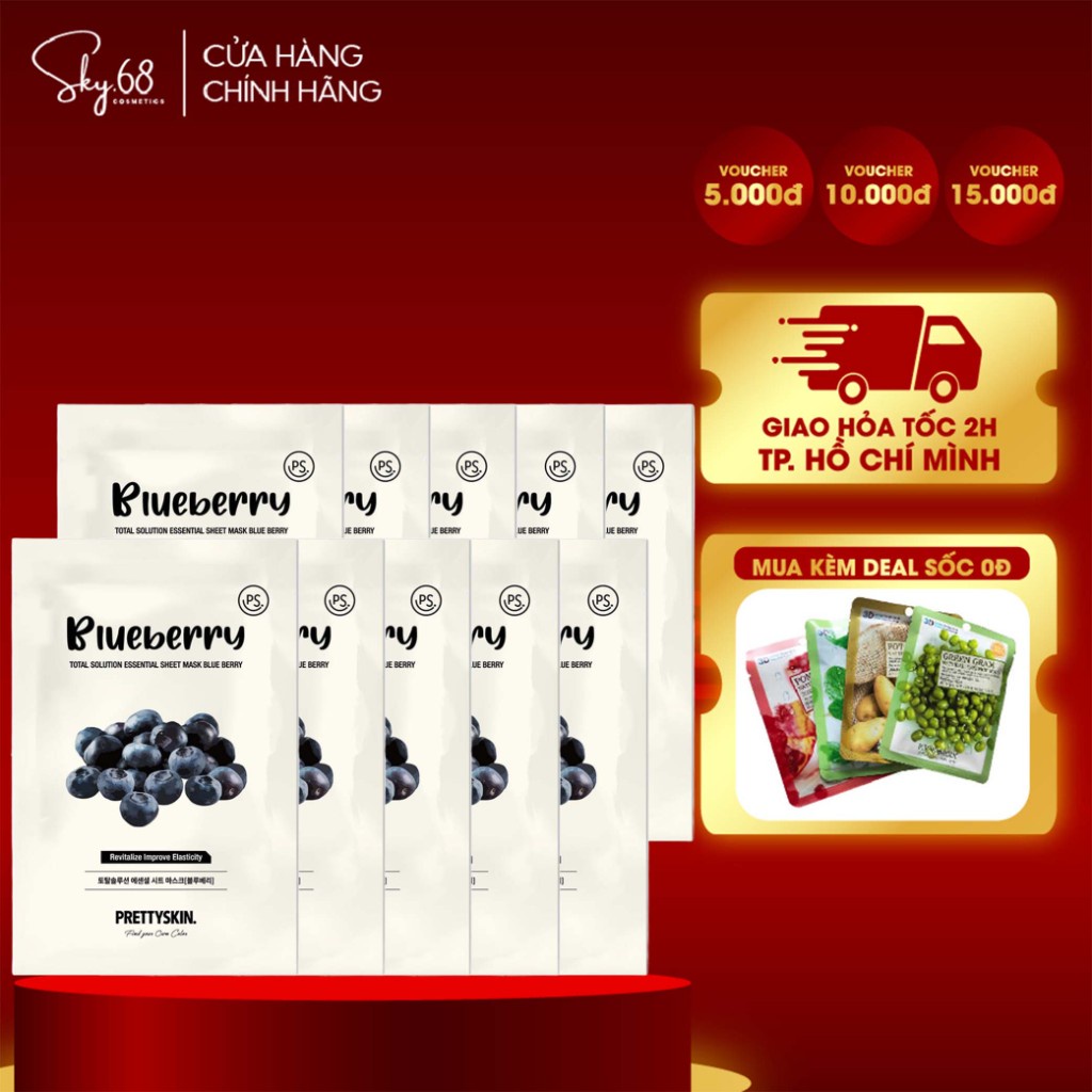 Combo10 Mặt Nạ Tinh Chất Việt Quất Cải Thiện Độ Đàn Hồi Da Prettyskin Total Solution Essential Sheet Mask23ml- VIỆT QUẤT