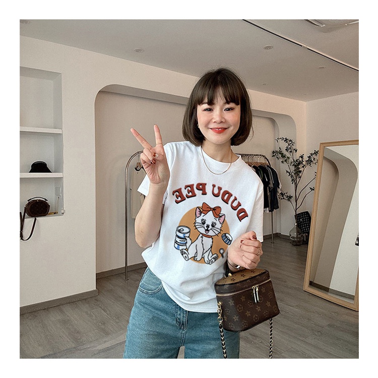 Áo thun NRVP 100% cotton tay ngắn dáng rộng in họa tiết phong cách Hàn Quốc thời trang cho nữ