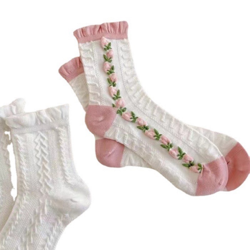 Bộ 5 Đôi Tất Cotton Phối Ren Xinh Xắn Theo Phong Cách Lolita Dành Cho Nữ