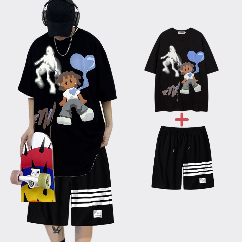 Mẫu mới combo áo thun form rộng trái tim bộ xương độc lạ kèm quần short sọc ngang sozo top 012 ghep short 016