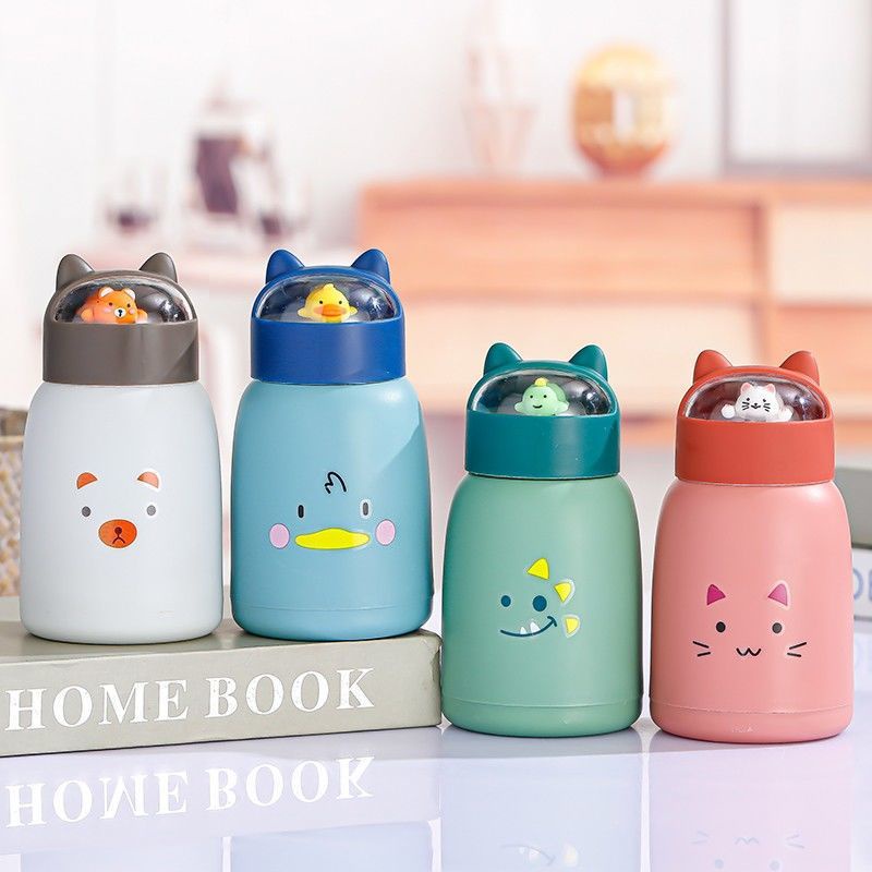 Bình Nước Ameera Đầu Búp Bê 330ml - Bình Giữ Nhiệt Nắp Thú Dễ Thương, Lõi Thủy Tinh Bọc Nhựa