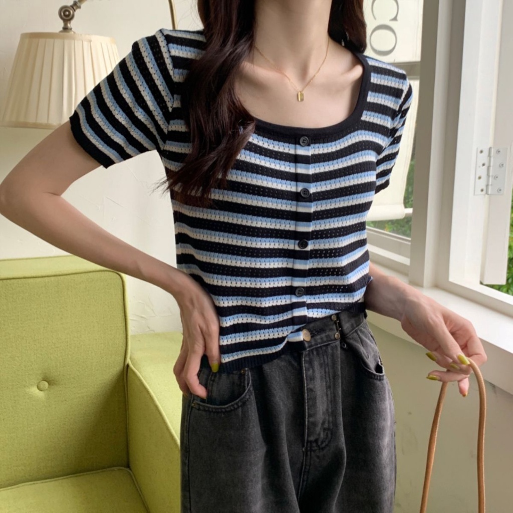 Jiashucheng Áo Thun Lụa Lạnh Mỏng Cổ Vuông Thiết Kế Mùa Hè Cho Nữ