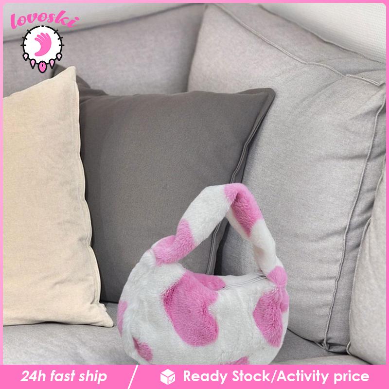 Túi Tote Đeo Vai / Xách Tay Phủ Lông Họa Tiết Trái Tim Có Khóa Kéo Sành Điệu