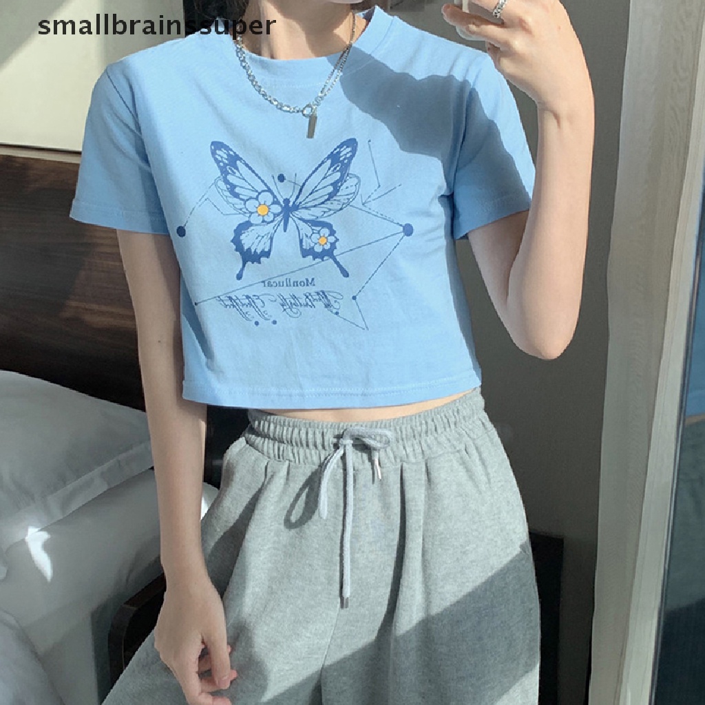 Áo Thun Croptop Tay Ngắn Cổ Tròn Dáng Ôm In Họa Tiết Bướm Thời Trang Mùa Hè Xinh Xắn Cho Nữ