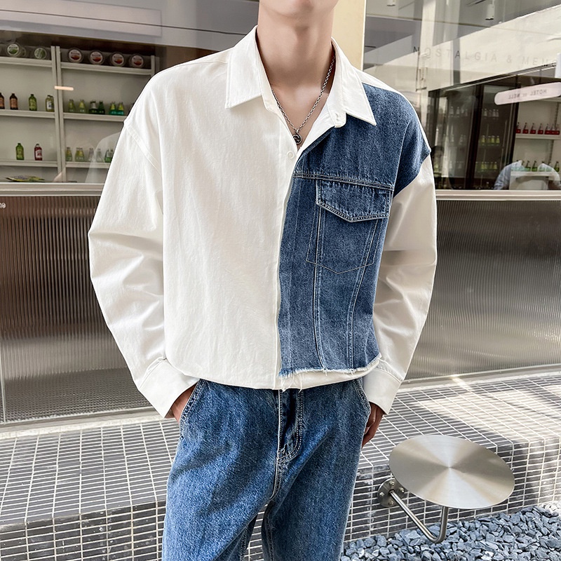 Áo Sơ Mi Denim Dài Tay Phối Lớp Cá Tính Dành Cho Nam