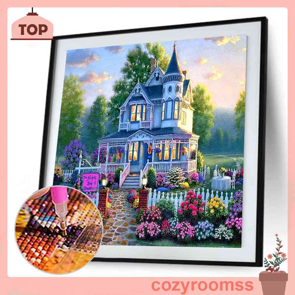 Tranh Đính Đá Kim Cương Toàn Bộ Hình Vẽ Biệt Thự Hoa DIY