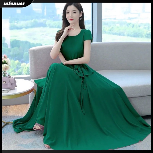 Đầm Midi Chữ A Tay Ngắn Cổ Tròn Màu Sắc Đơn Giản Thời Trang Mùa Hè Cho Nữ