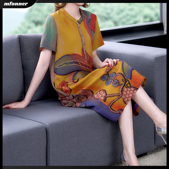 Đầm Midi Chữ A Tay Ngắn Cổ Tròn Dáng Rộng In Họa Tiết Cổ Điển Có Size Lớn Cho Nữ