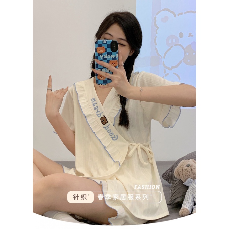 Bộ Đồ Ngủ Tay Ngắn Chất Cotton Họa Tiết Hoạt Hình Chú Gấu Phong Cách Nhật Bản Thời Trang Mùa Hè Xinh Xắn Cho Nữ