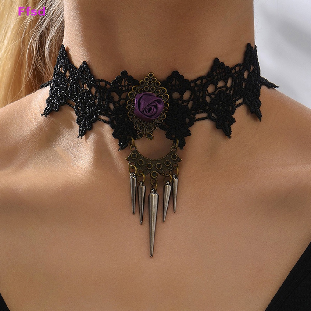 {Ffsd} Vòng Cổ Choker Ren Hoa Đính Đinh Tán Phong Cách Gothic Vintage Quyến Rũ Cho Nữ