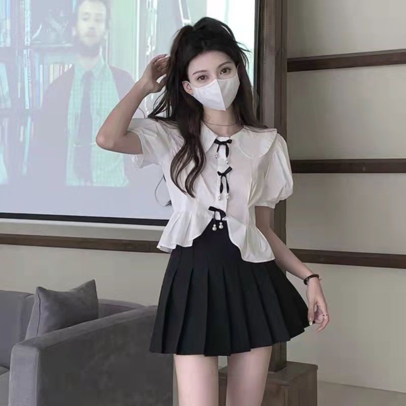 Set Áo Sơ Mi Tay Ngắn Phồng Cổ Búp Bê Thắt Nơ Phối Chân Váy Xếp Ly Thời Trang Mùa Hè Cho Nữ