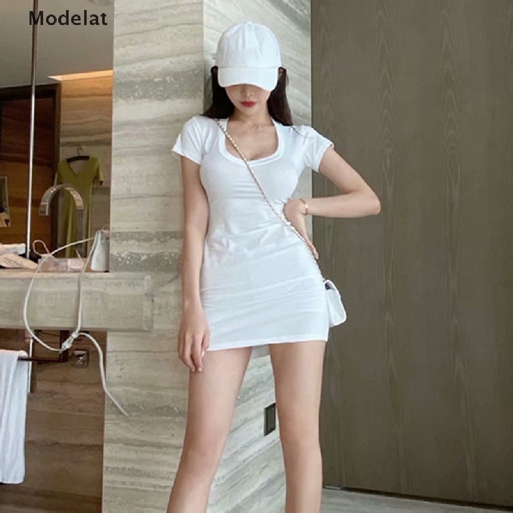 Đầm Thun Ngắn Tay Cổ Chữ U Ôm Dáng Phong Cách Hàn Quốc Gợi Cảm Cho Nữ