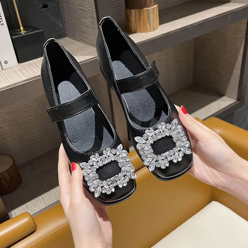 Giày Búp Bê Da Mũi Vuông Đính Đá Xinh Xắn Dành Cho Nữ