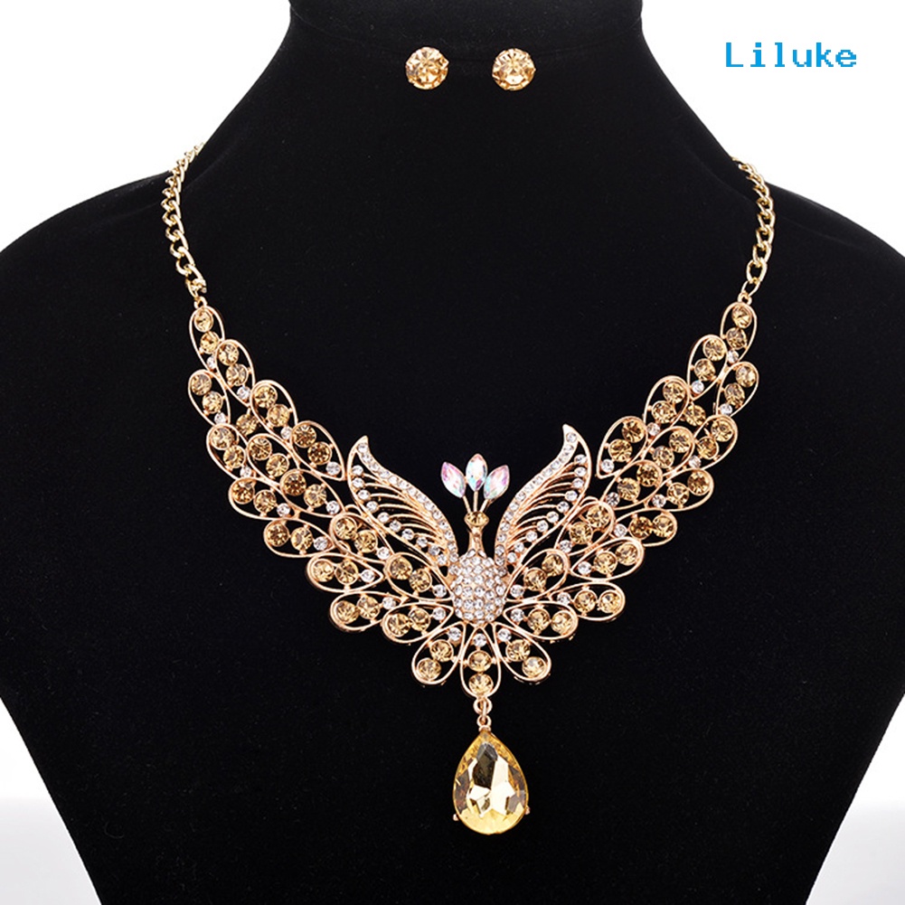 Bộ Trang Sức Vòng cổ Và Bông Tai Hình Chim Công Đính Đá Nhiều Màu Sắc