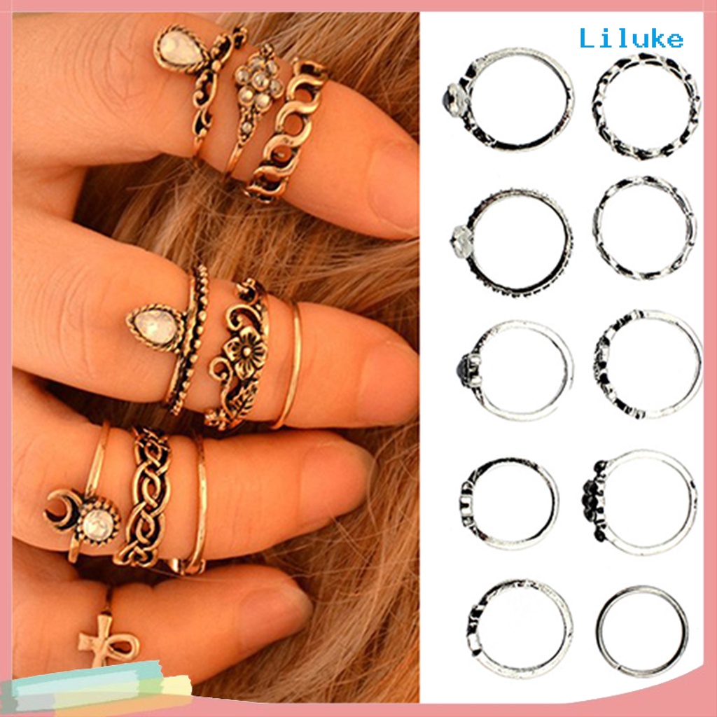 Bộ 10 Nhẫn Đeo Đốt Ngón Tay Phong Cách Vintage Xinh Xắn