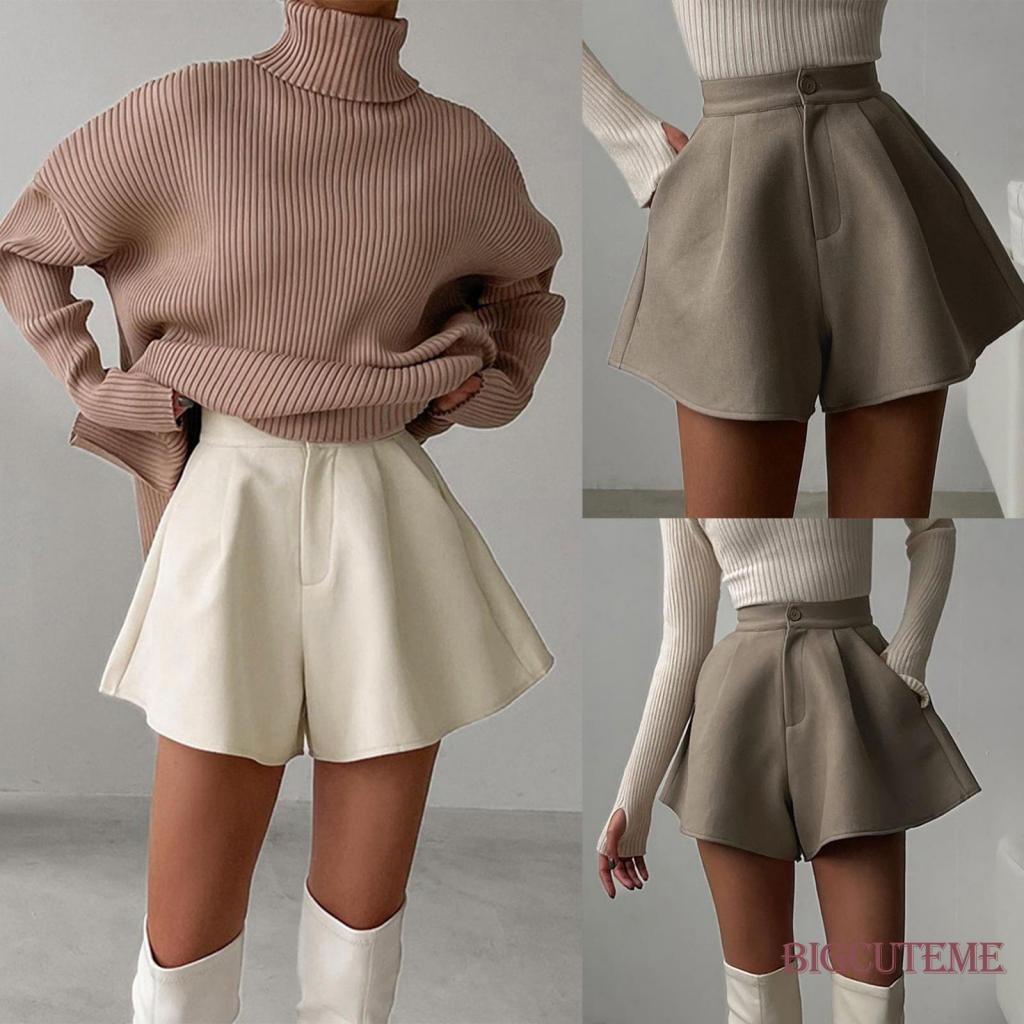 [] - Quần ngắn ống rộng Lưng Cao Màu Trơn Thời Trang Mùa Thu Đơn Giản Khí Chất Retro.Apricot / Nâu Cho Nữ