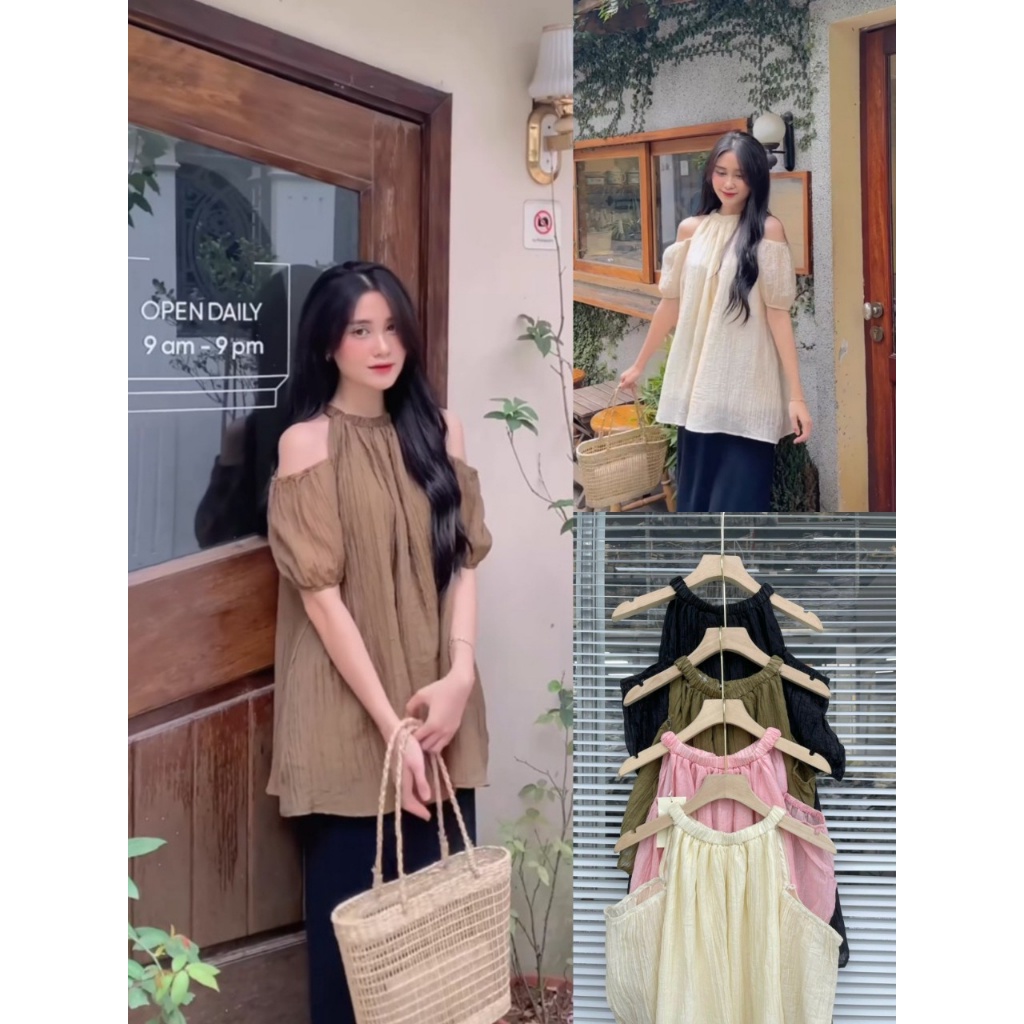 Áo babydoll voan tơ nhăn Hàn Quốc cổ yếm chun rớt vai, khoét vai VTNRV669