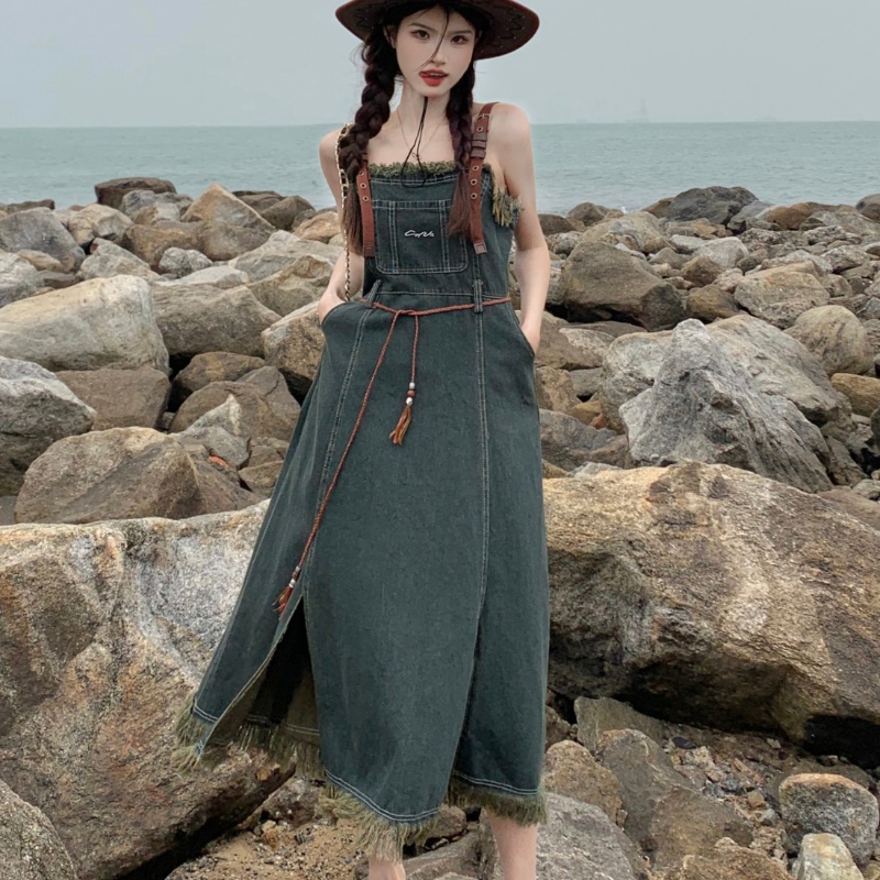 Đầm Denim Hai Dây Tua Rua Dáng Dài Ôm Eo Phong Cách Retro Mỹ Thời Trang Mùa Hè Dành Cho Nữ