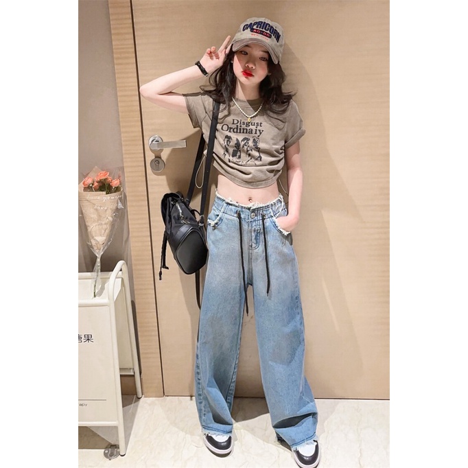 Set Áo Thun Ngắn Tay + Quần Jeans Dài Thời Trang Cho Bé Gái