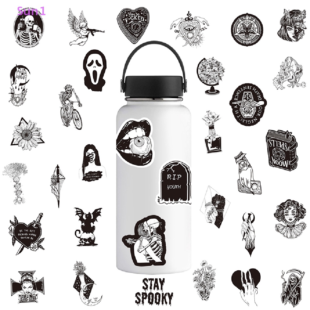 Set 50 Miếng Dán Hình Kinh Dị Màu Trắng Đen Chống Nước Trang Trí Laptop