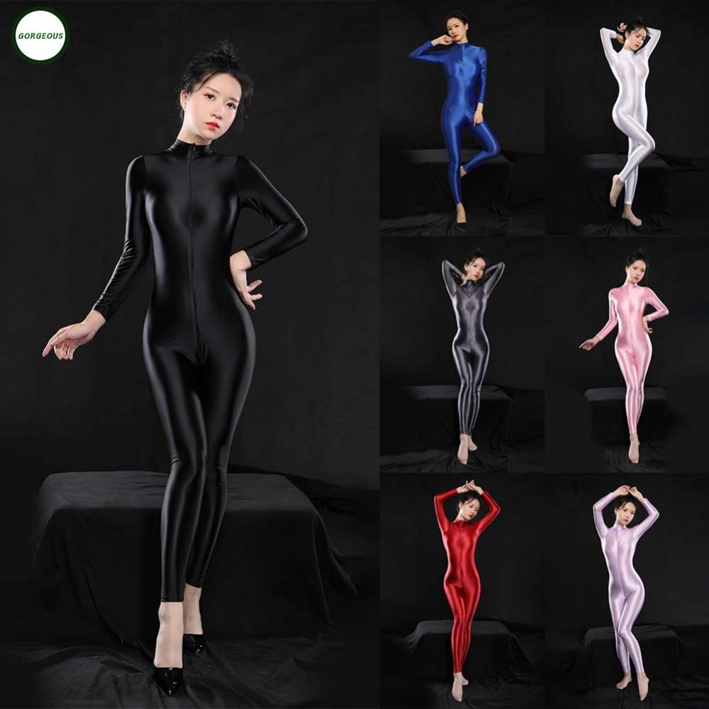 GORGEOUS~Womens Long Sleeve Zip-up Bodysuit Tights Glossy Bodystockings Jumpsuit oily