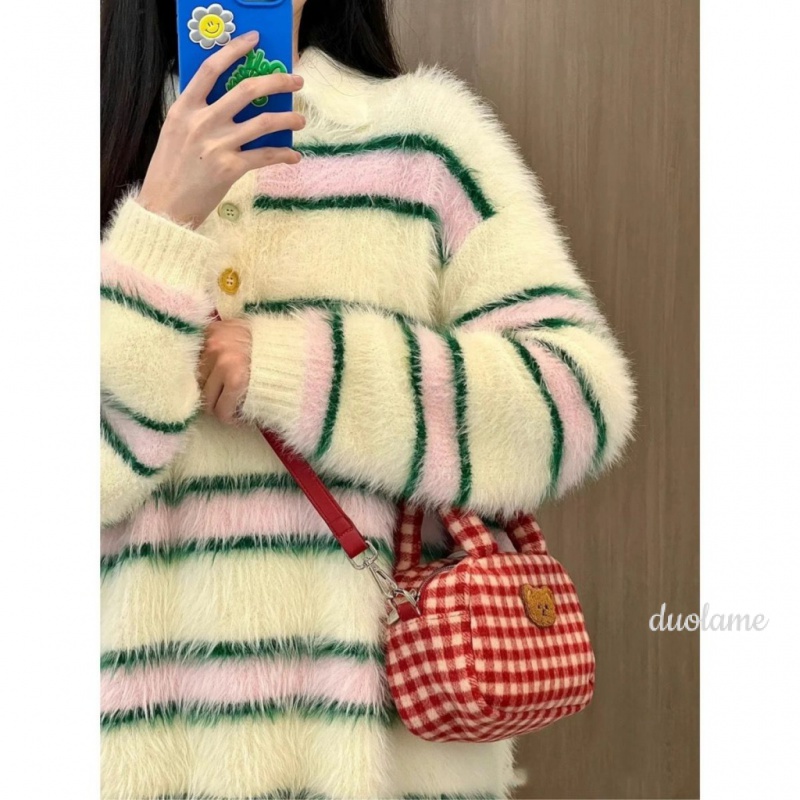 Túi Xách Đeo Vai Kiểu Vuông Nhỏ Sọc Ca Rô Phối Lông Thời Trang Nữ Đáng Yêu