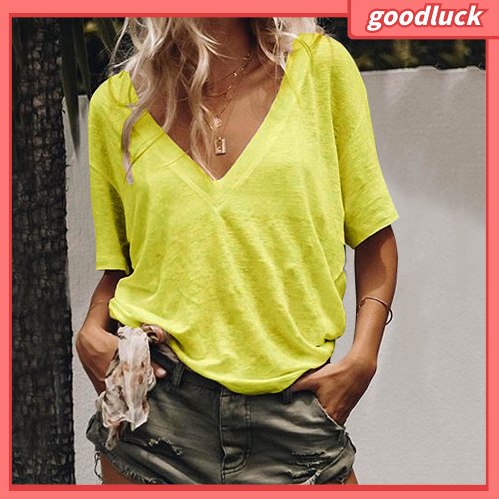 Áo Thun Tay Ngắn Cổ Chữ V Màu Trơn Dáng Rộng Thời Trang Mùa Hè Cho Nữ