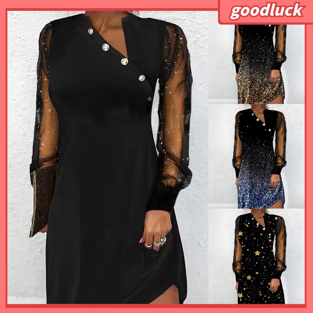 Đầm Dài Tay Cổ Chữ V Phối Lưới Đính Kim Tuyến Lấp Lánh Thời Trang Xuân Hè Cho Nữ