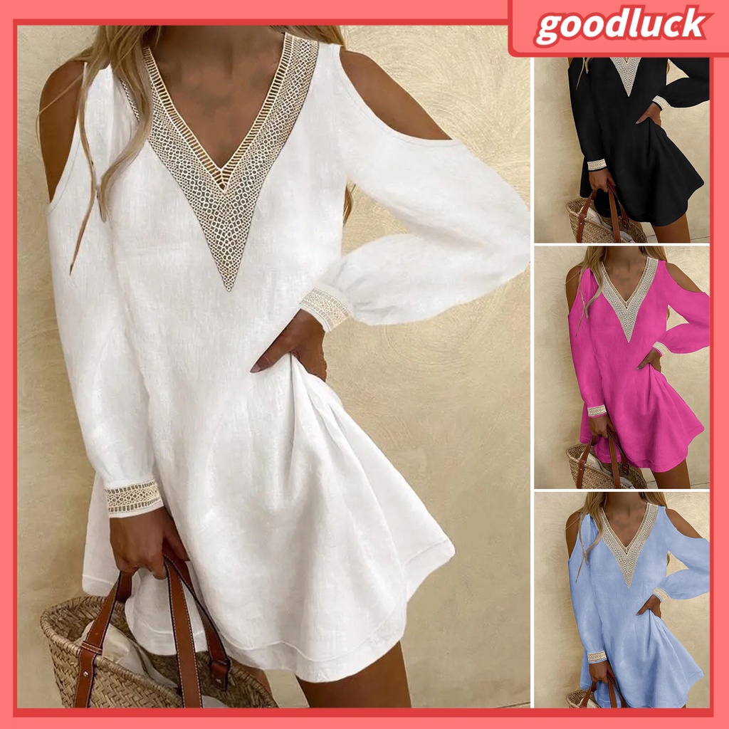 Đầm Mini Tay Dài Màu Trơn Cổ Chữ V Phối Ren Thanh Lịch Cho Nữ