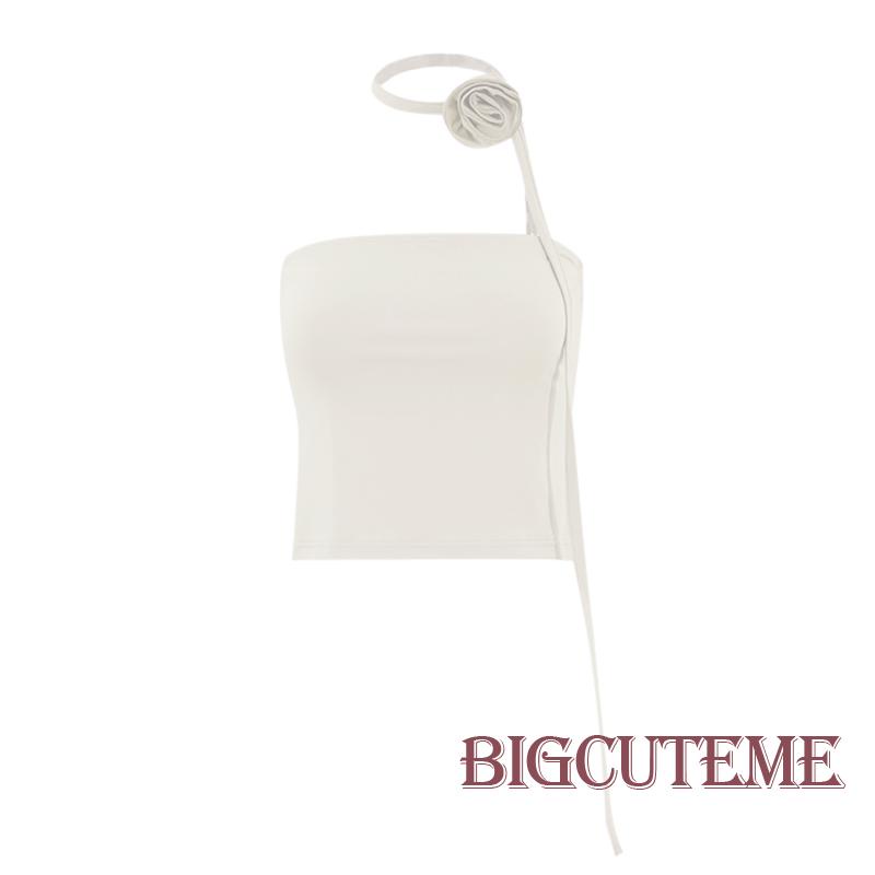 [] Áo Croptop Trễ Vai Không Dây Co Giãn Màu Trơn Kèm Khăn Choàng Hình Hoa Cơ Bản Mùa Hè Cho Nữ