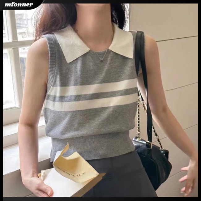 Áo Tank Top Dệt Kim Không Tay Họa Tiết Kẻ Sọc Thời Trang Mùa Hè Cho Nữ