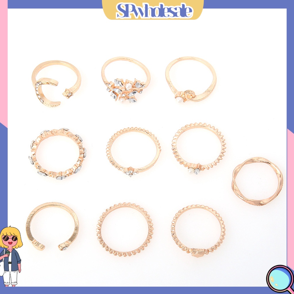 <SPwholesale> Set 10 Nhẫn Thời Trang Hình Học / Lá / Mặt Trăng / Trái Tim Không Phai Màu Trọng Lượng Nhẹ Cho Nữ