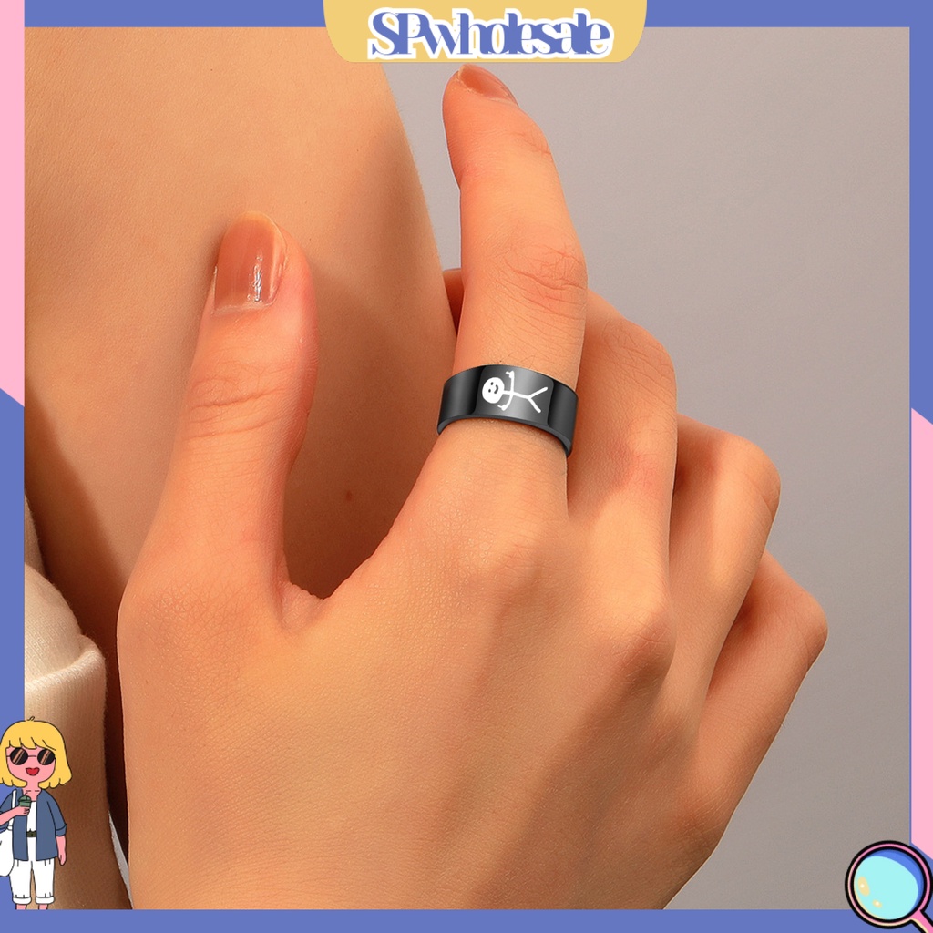 <SPwholesale> Nhẫn Cặp Đôi Bằng Thép Titan Bóng Thời Trang Vẽ Tay Graffiti Cho Nữ Dự Tiệc