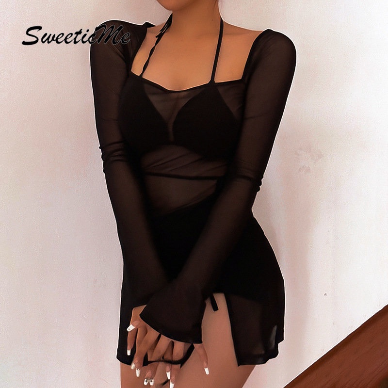 Đầm Mini Tay Dài Lưng Cao Màu Trơn Thời Trang 2023 Quyến Rũ Cho Nữ