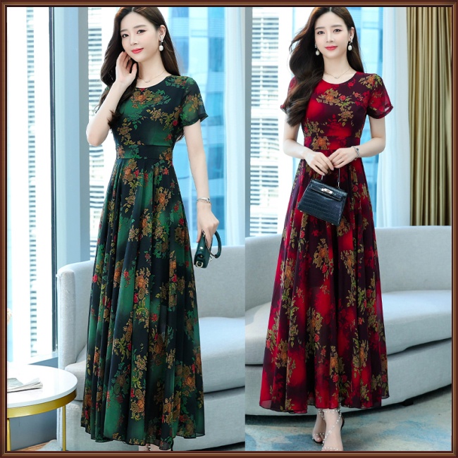 Đầm Midi Tay Ngắn Cổ Tròn Dáng Chữ A in Họa Tiết Hoa Thời Trang Xinh Xắn Cho Nữ