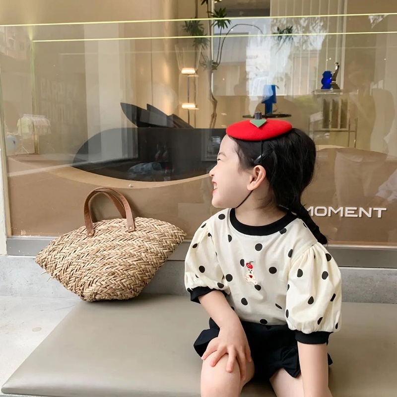 Áo Thun Tay Ngắn Họa Tiết Chấm Bi Phối Màu Tương Phản Thời Trang Hàn Quốc Cho Bé Gái