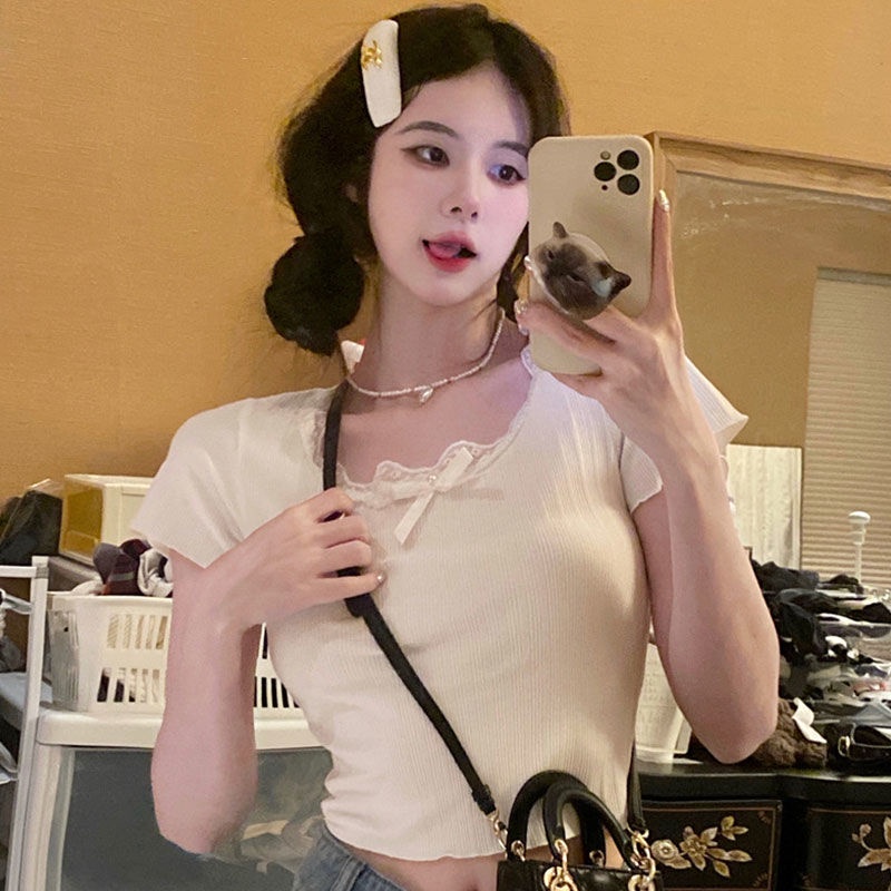 Áo Thun Tay Ngắn Dáng Ôm Phối Ren Thời Trang Mùa Hè Xinh Xắn Cho Nữ