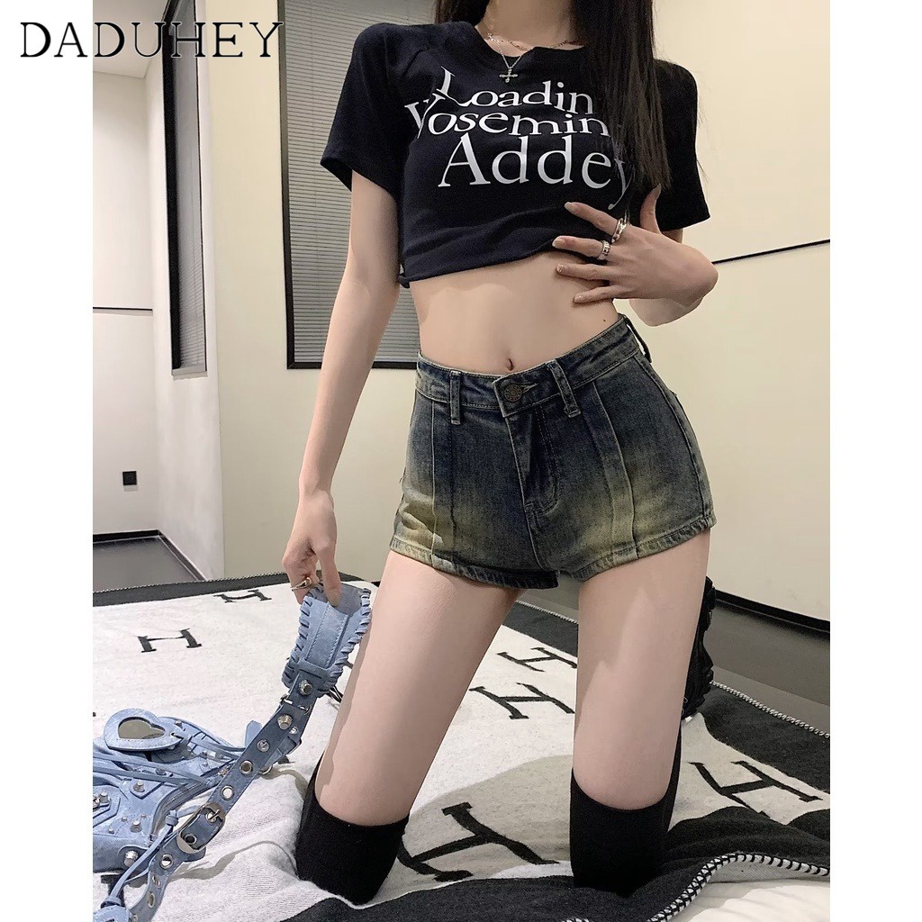 Quần đùi denim DADUHEY dáng chữ A giặt sờn phong cách Mỹ retro thời trang mới dành cho nữ