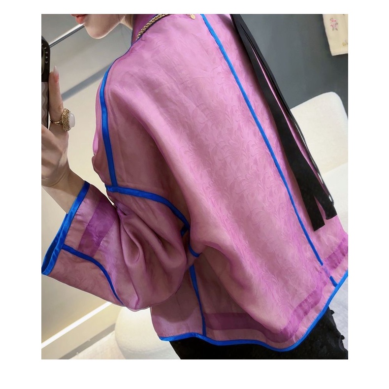 Áo Khoác Lụa organza Giả Thêu Họa Tiết Thổ Cẩm Màu Tím Cài Nút Kiểu vintage Mới Cho Nữ