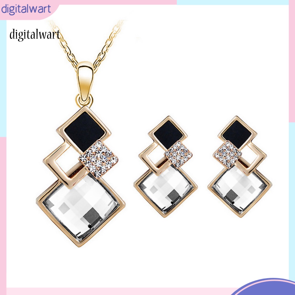 Kỹ Thuật Số| Set 2 Món Vòng cổ + Bông Tai Hình Học Bằng Hợp Kim Đính Pha Lê Lấp Lánh Cho Cô Dâu