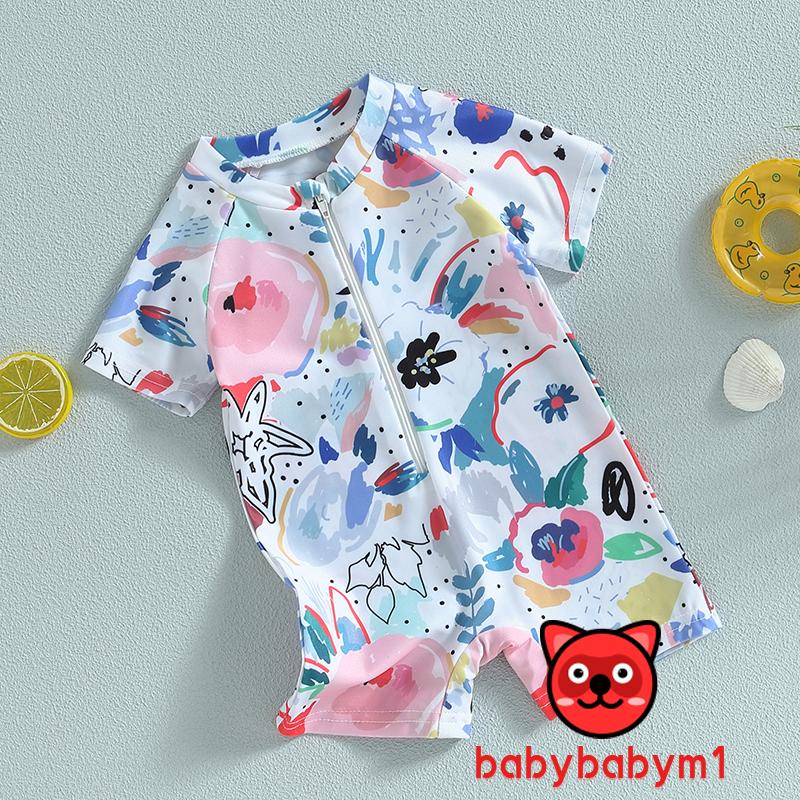 Bộ Đồ Bơi Tay Ngắn Có Khóa Kéo In Họa Tiết Màu Nước Dễ Thương Cho Bé