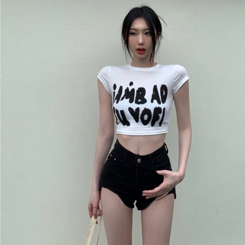 Áo croptop cổ tròn tay ngắn PINKSTORE29 kiểu in chữ I AM BAD cực chất A5690