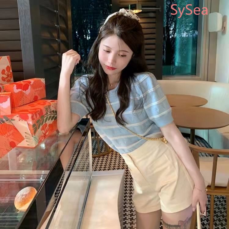 Áo Dệt Kim Cổ Tròn Họa Tiết Kẻ Sọc Thời Trang Mùa Hè Hàn Quốc Cho Nữ