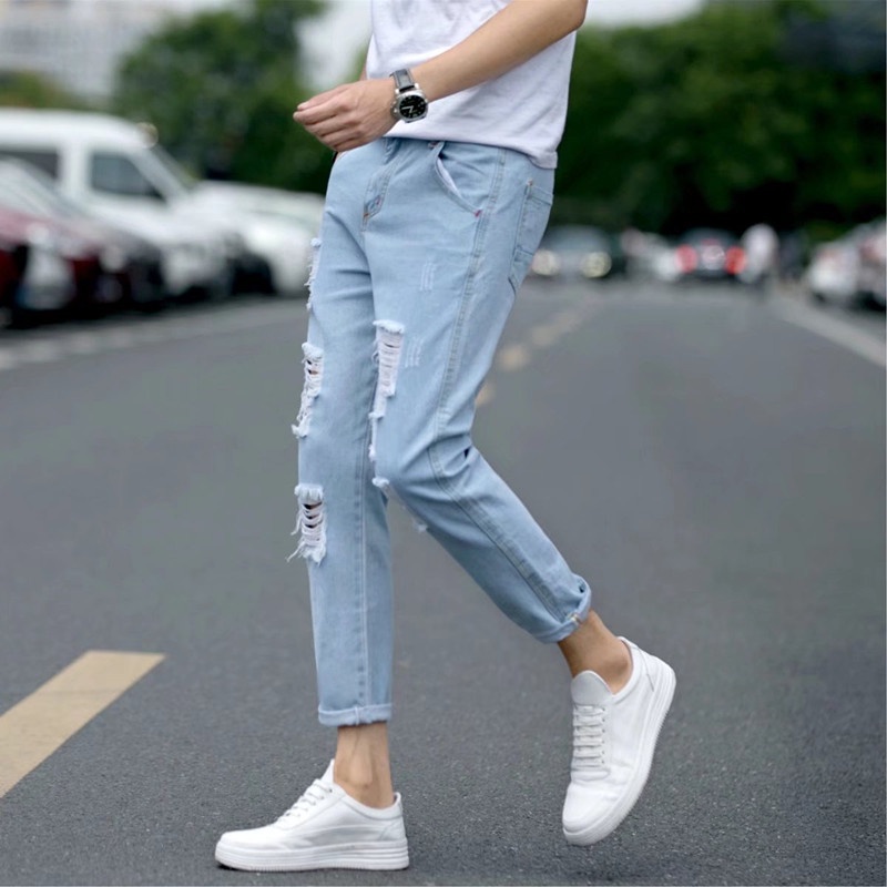 Quần Jean Dài Rách Gối Phong Cách Hàn Quốc Trẻ Trung Dành Cho Nam