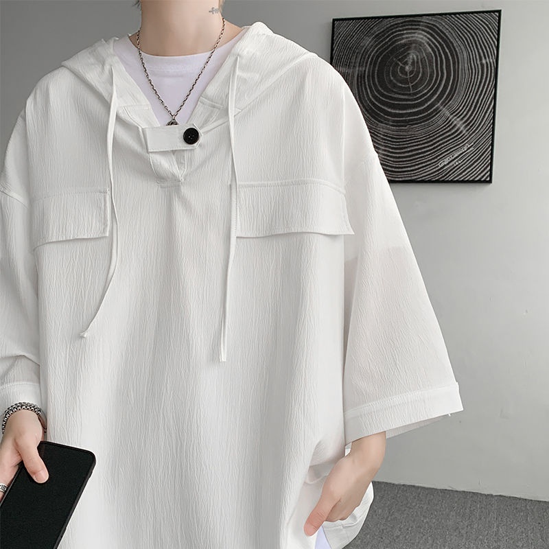 Áo Khoác Hoodie Lụa Lạnh Mỏng Ba Nửa Phong Cách Mỹ Cổ Điển Mùa Hè Đa Năng Cho Nam