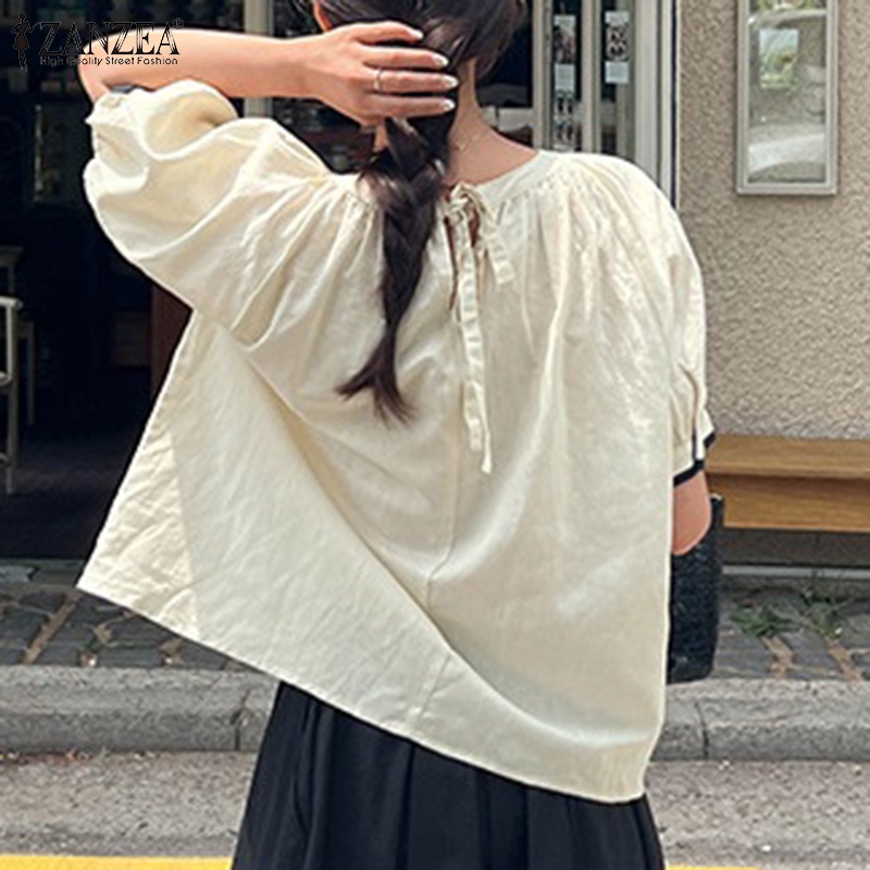 Zanzea Áo Thun Nữ Ngắn Tay Cổ Tròn Thắt Nơ Lưng Thời Trang