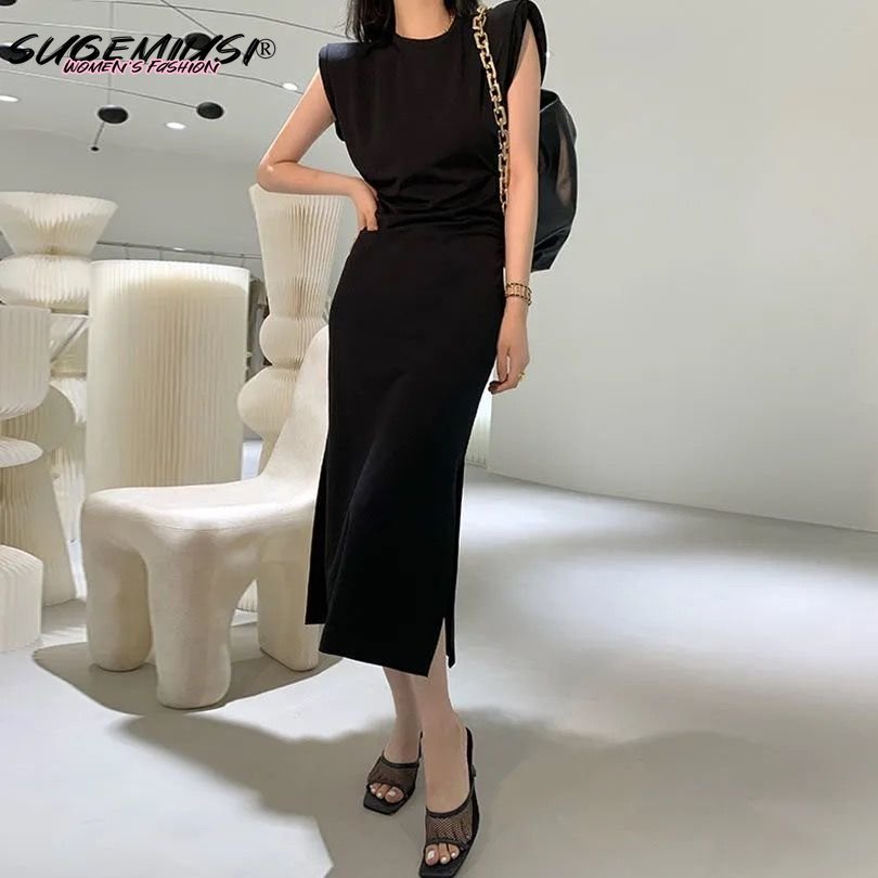 Sugemiusi Đầm Dài Không Tay Hở Vai Eo Hẹp Phong Cách Mới Cho Nữ